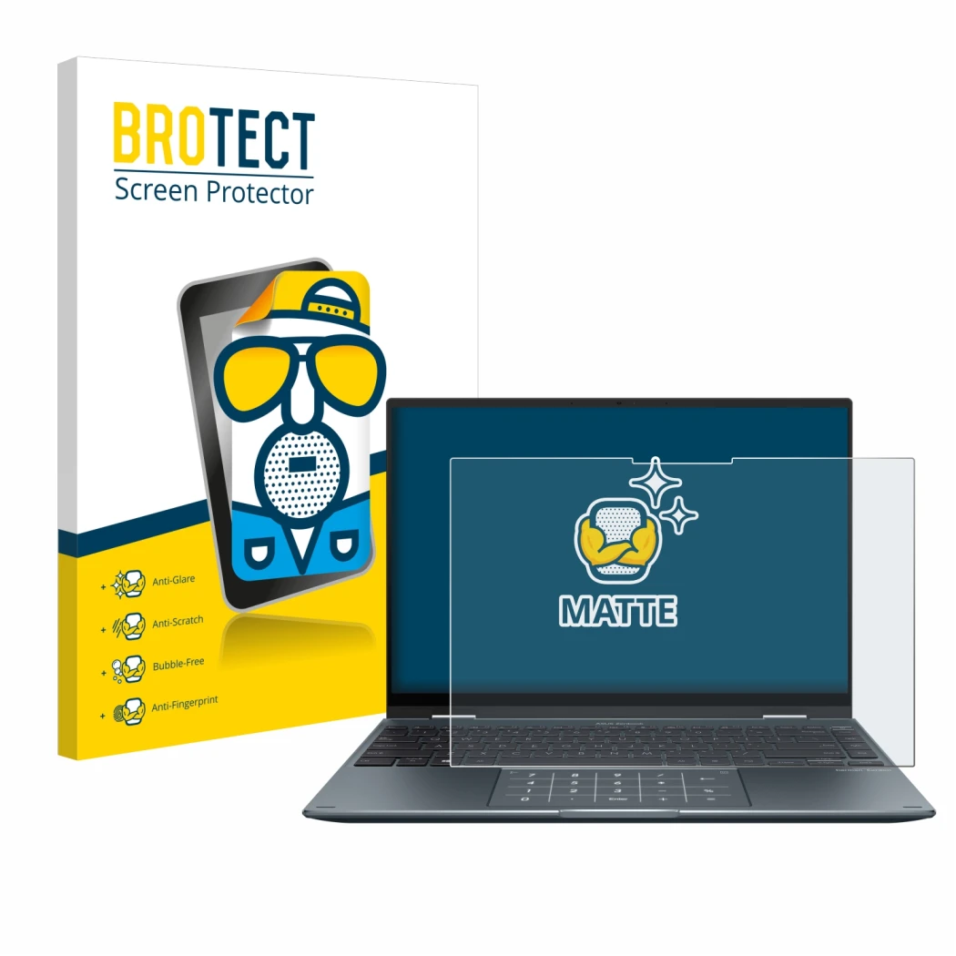 Parte frontal de un envase de producto con el logotipo de la marca BROTECT. Al lado se muestra el dispositivo ASUS ZenBook 14 