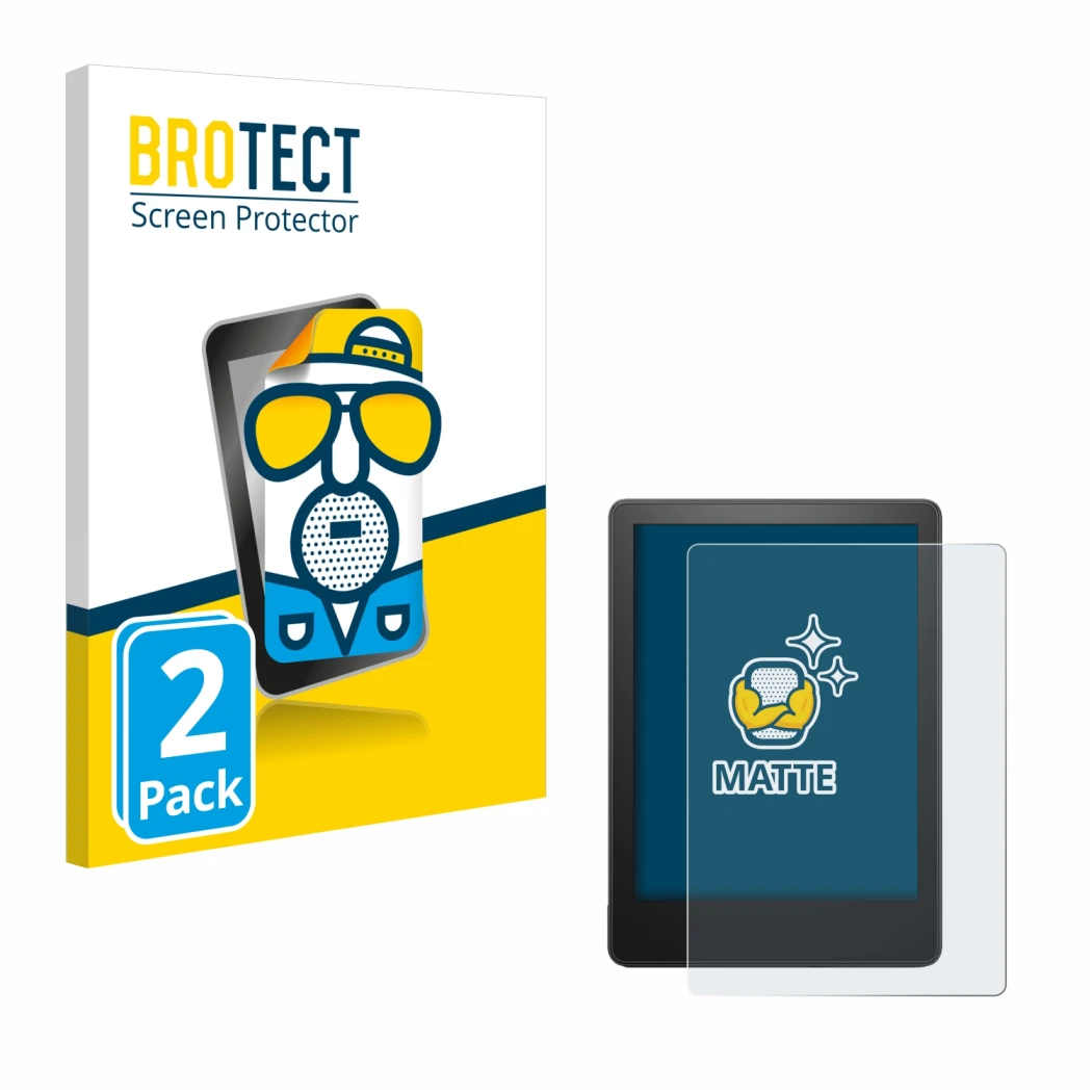 Parte frontal de un envase de producto con el logotipo de la marca BROTECT. Al lado se muestra el dispositivo Amazon Kindle Pa