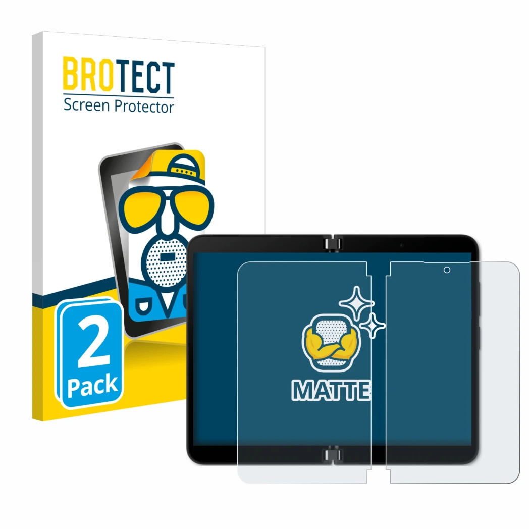 Parte frontal de un envase de producto con el logotipo de la marca BROTECT. Al lado se muestra el dispositivo Microsoft Surfac