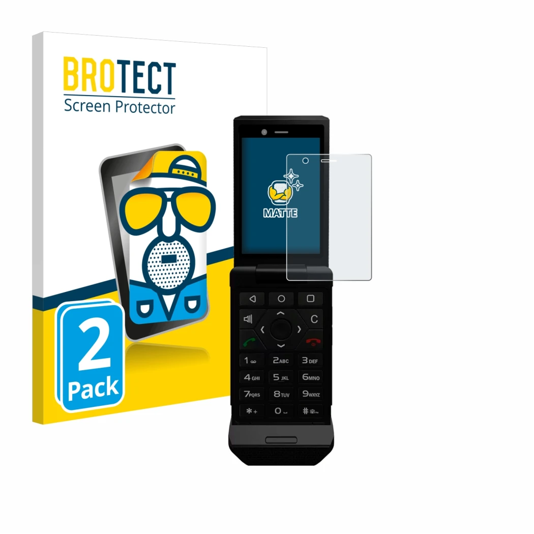 Parte frontal de un envase de producto con el logotipo de la marca BROTECT. Al lado se muestra el dispositivo Caterpillar Cat 