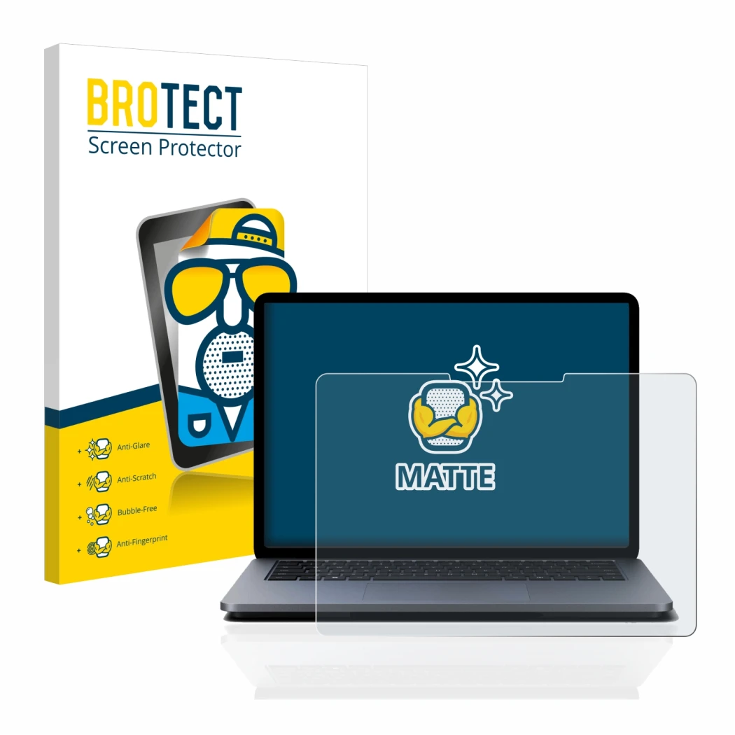 Parte frontal de un envase de producto con el logotipo de la marca BROTECT. Al lado se muestra el dispositivo Microsoft Surfac
