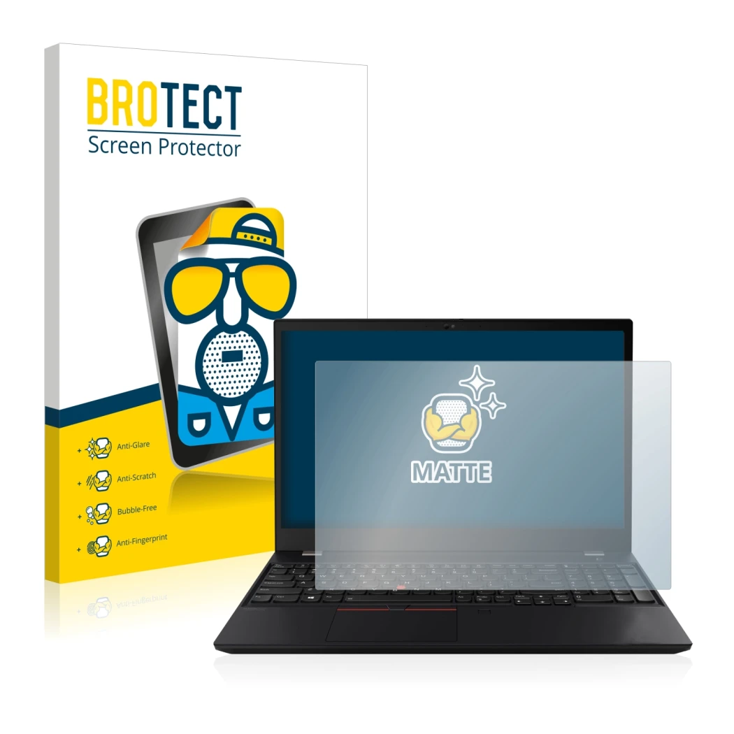 Parte frontal de un envase de producto con el logotipo de la marca BROTECT. Al lado se muestra el dispositivo Lenovo ThinkPad 