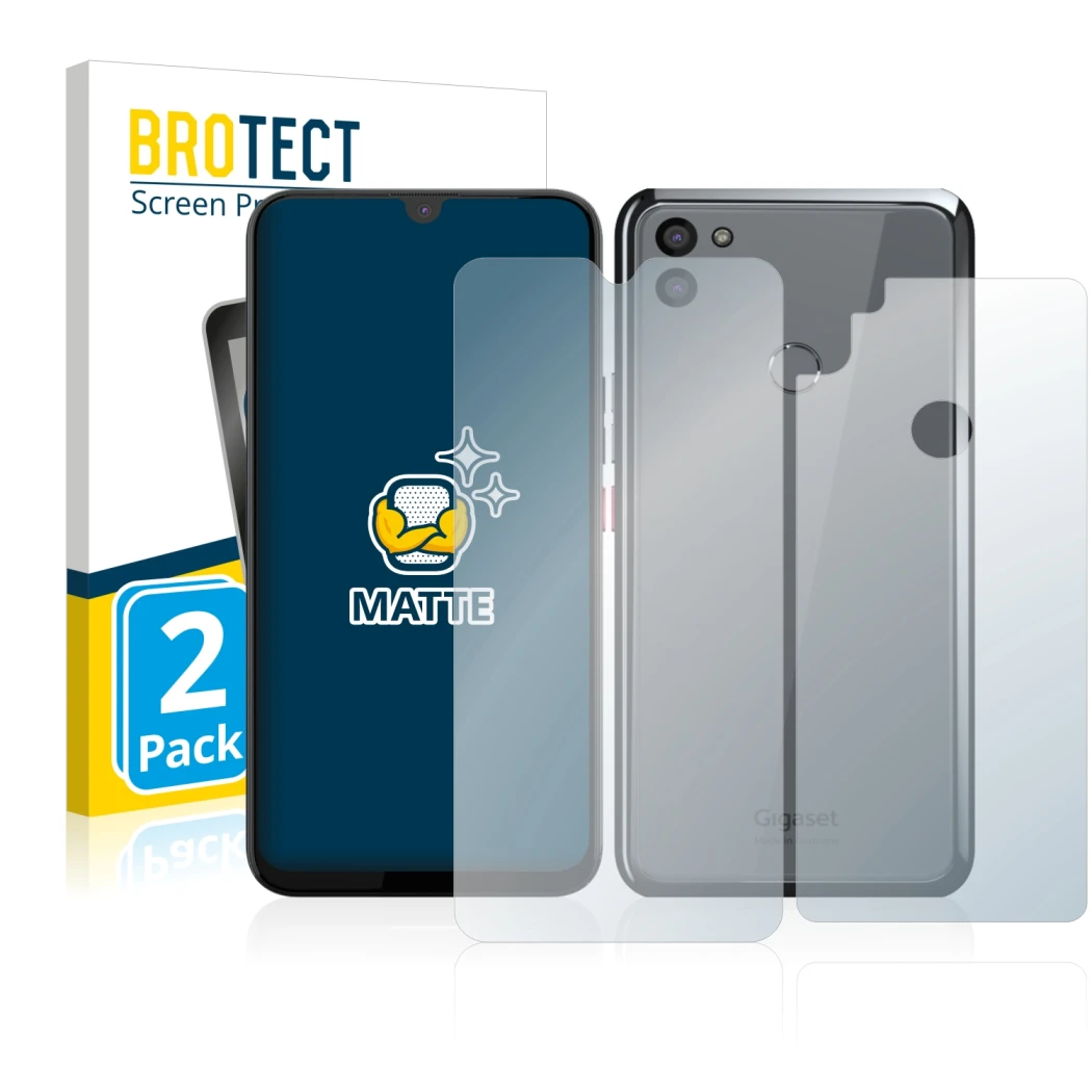 Parte frontal de un envase de producto con el logotipo de la marca BROTECT. Al lado se muestra el dispositivo Gigaset GS5 (Fro