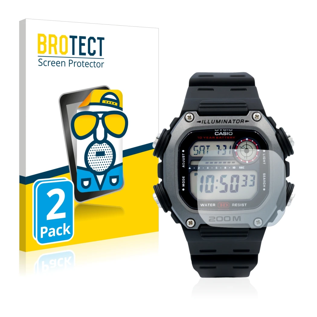 Parte frontal de un envase de producto con el logotipo de la marca BROTECT. Al lado se muestra el dispositivo Casio DW-291H co