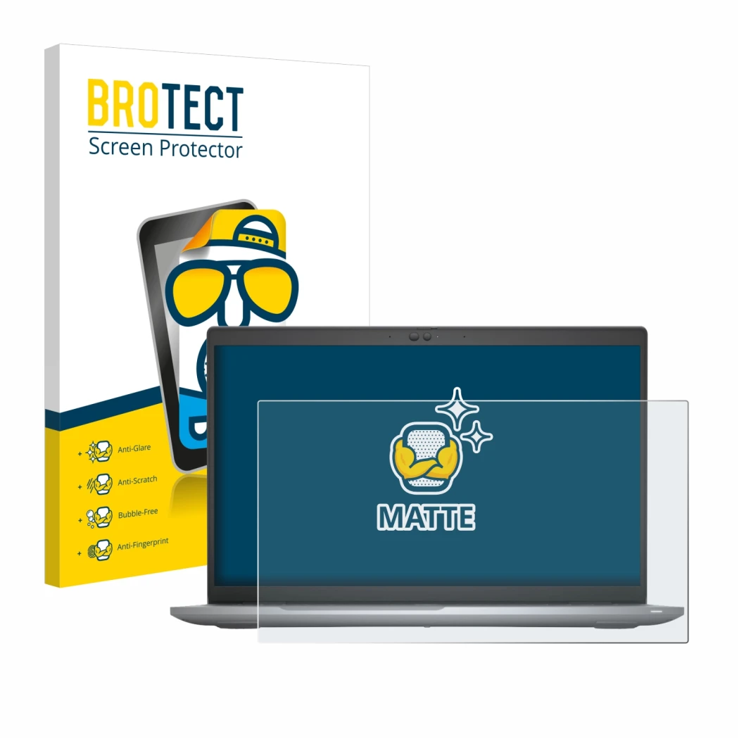 Parte frontal de un envase de producto con el logotipo de la marca BROTECT. Al lado se muestra el dispositivo Dell Latitude 55