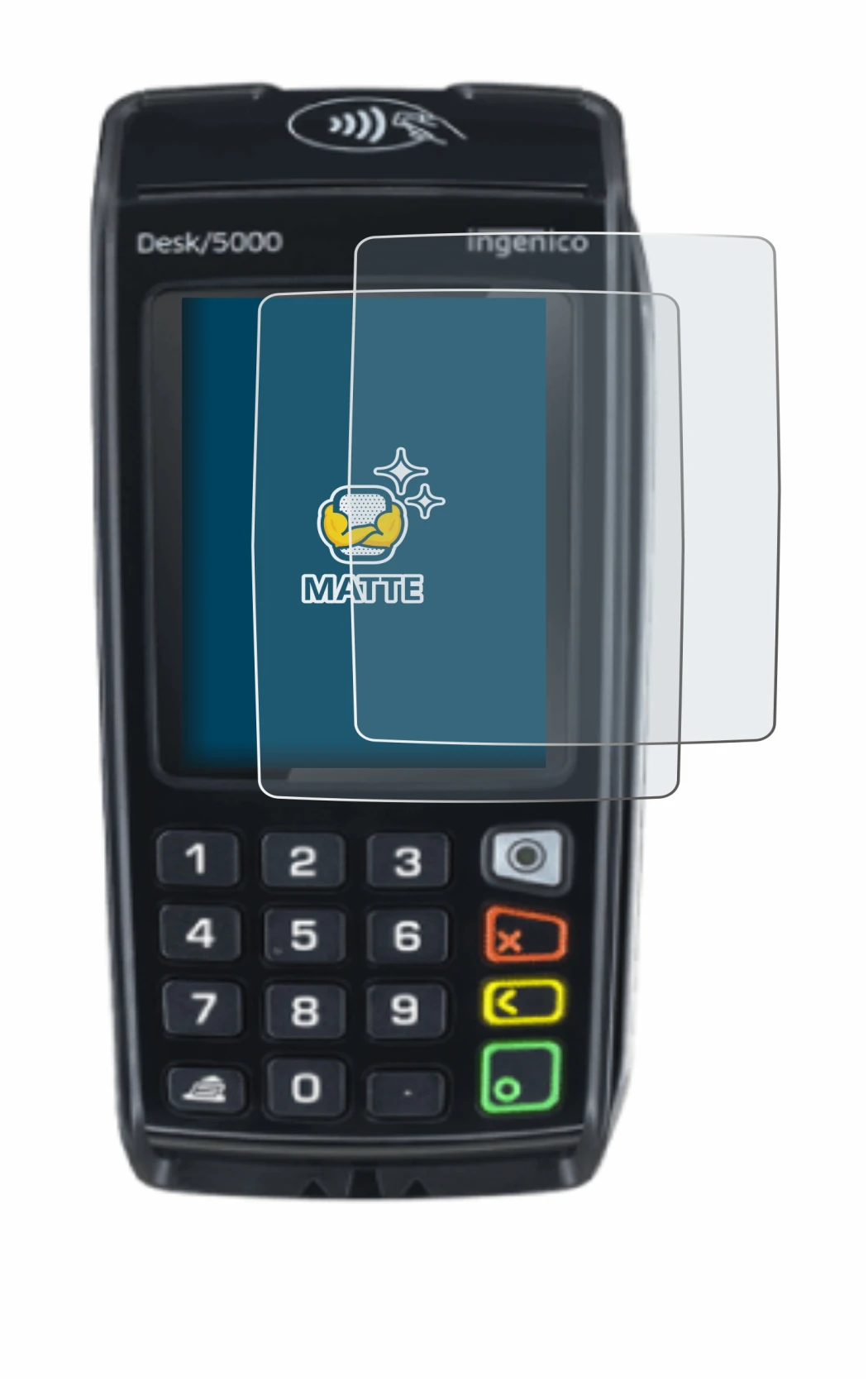 Imagen del dispositivo ingenico Desk/5000 con una amplia variedad de protectores de pantalla.
