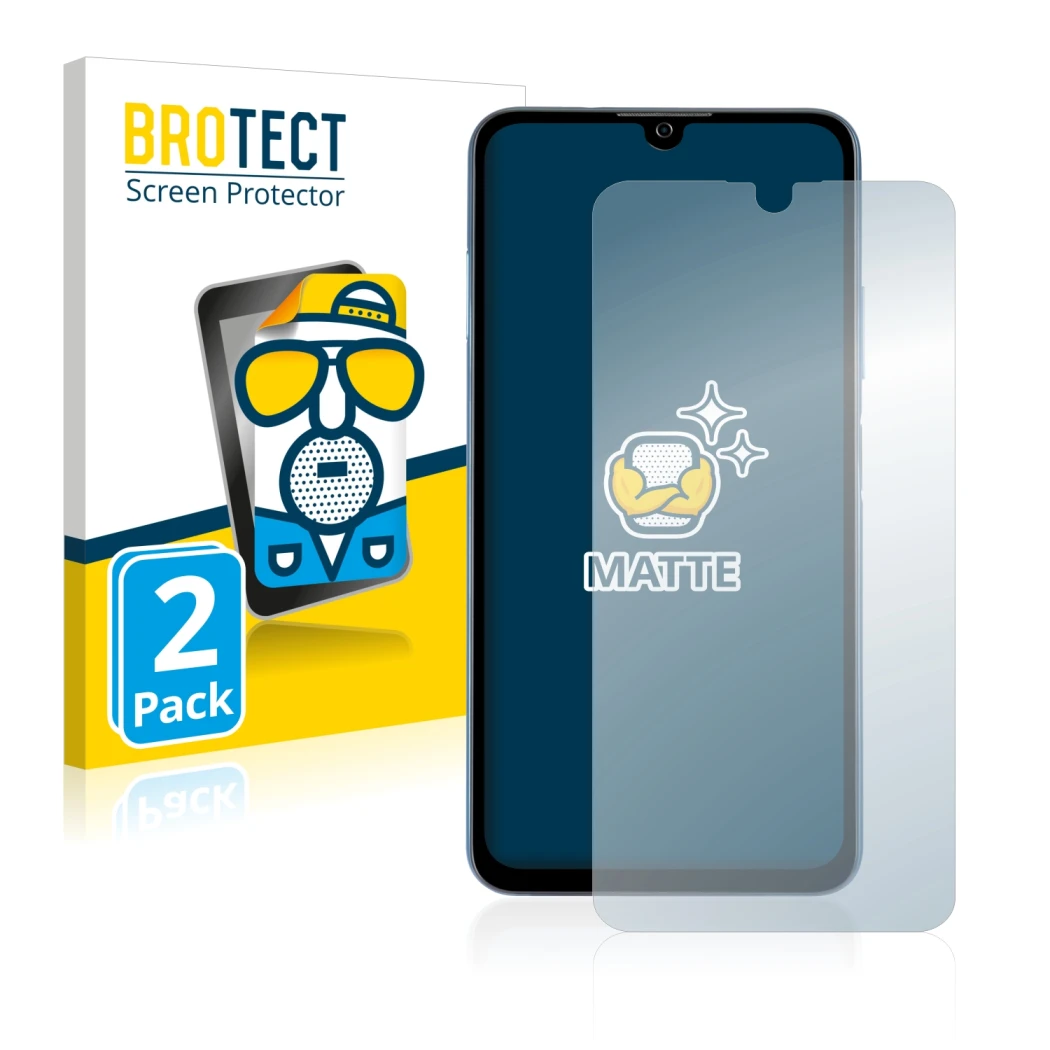 Parte frontal de un envase de producto con el logotipo de la marca BROTECT. Al lado se muestra el dispositivo ZTE Blade A71 co