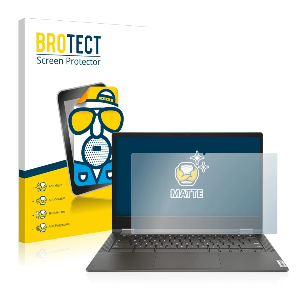 Parte frontal de un envase de producto con el logotipo de la marca BROTECT. Al lado se muestra el dispositivo Lenovo IdeaPad F