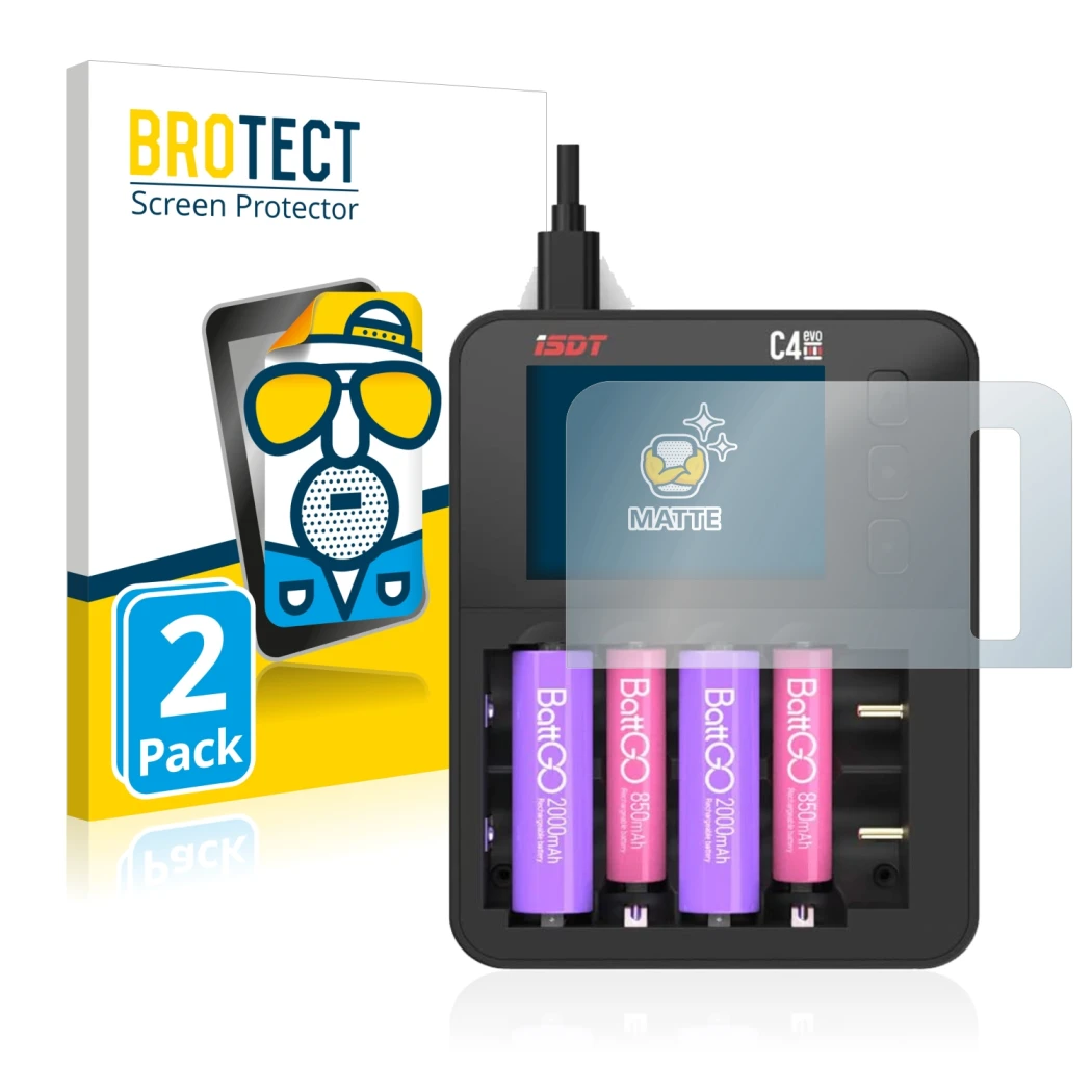 Parte frontal de un envase de producto con el logotipo de la marca BROTECT. Al lado se muestra el dispositivo ISDT C4 Evo con