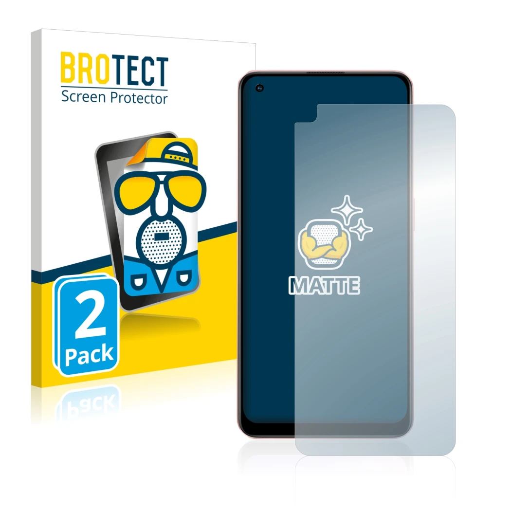 Parte frontal de un envase de producto con el logotipo de la marca BROTECT. Al lado se muestra el dispositivo Oppo A96 con su