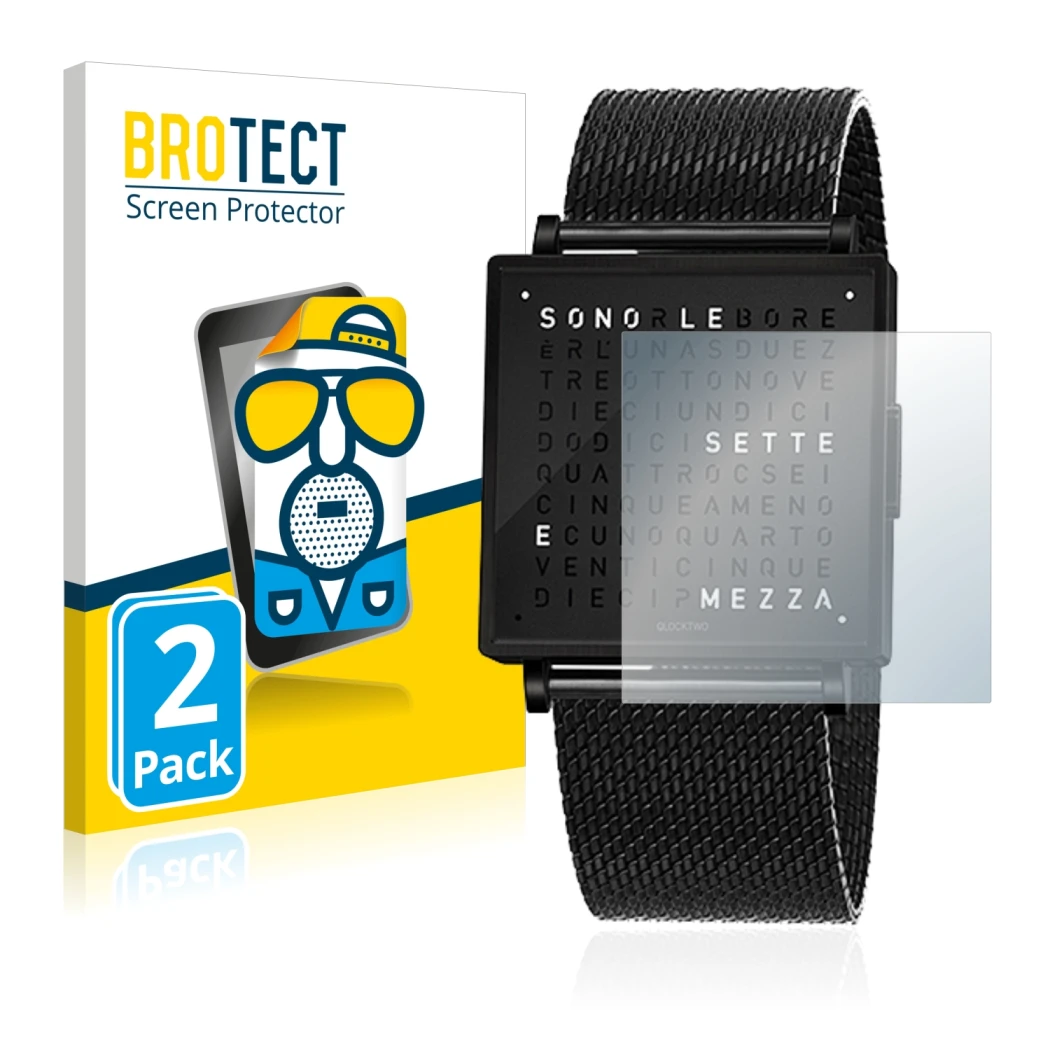 Parte frontal de un envase de producto con el logotipo de la marca BROTECT. Al lado se muestra el dispositivo Qlocktwo W35 con