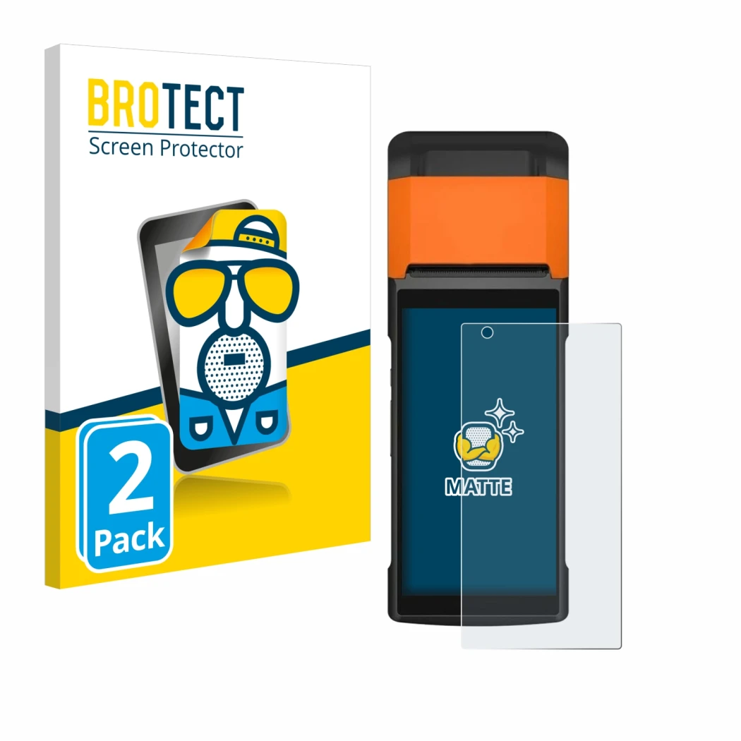 Parte frontal de un envase de producto con el logotipo de la marca BROTECT. Al lado se muestra el dispositivo Sunmi V2s con su
