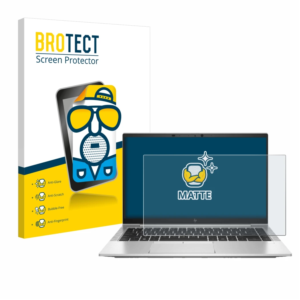 Parte frontal de un envase de producto con el logotipo de la marca BROTECT. Al lado se muestra el dispositivo HP EliteBook 845