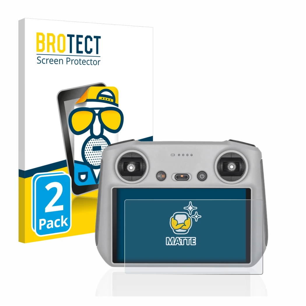 Parte frontal de un envase de producto con el logotipo de la marca BROTECT. Al lado se muestra el dispositivo DJI RC Controlle