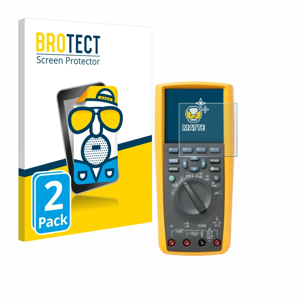 Parte frontal de un envase de producto con el logotipo de la marca BROTECT. Al lado se muestra el dispositivo Fluke 287 con su