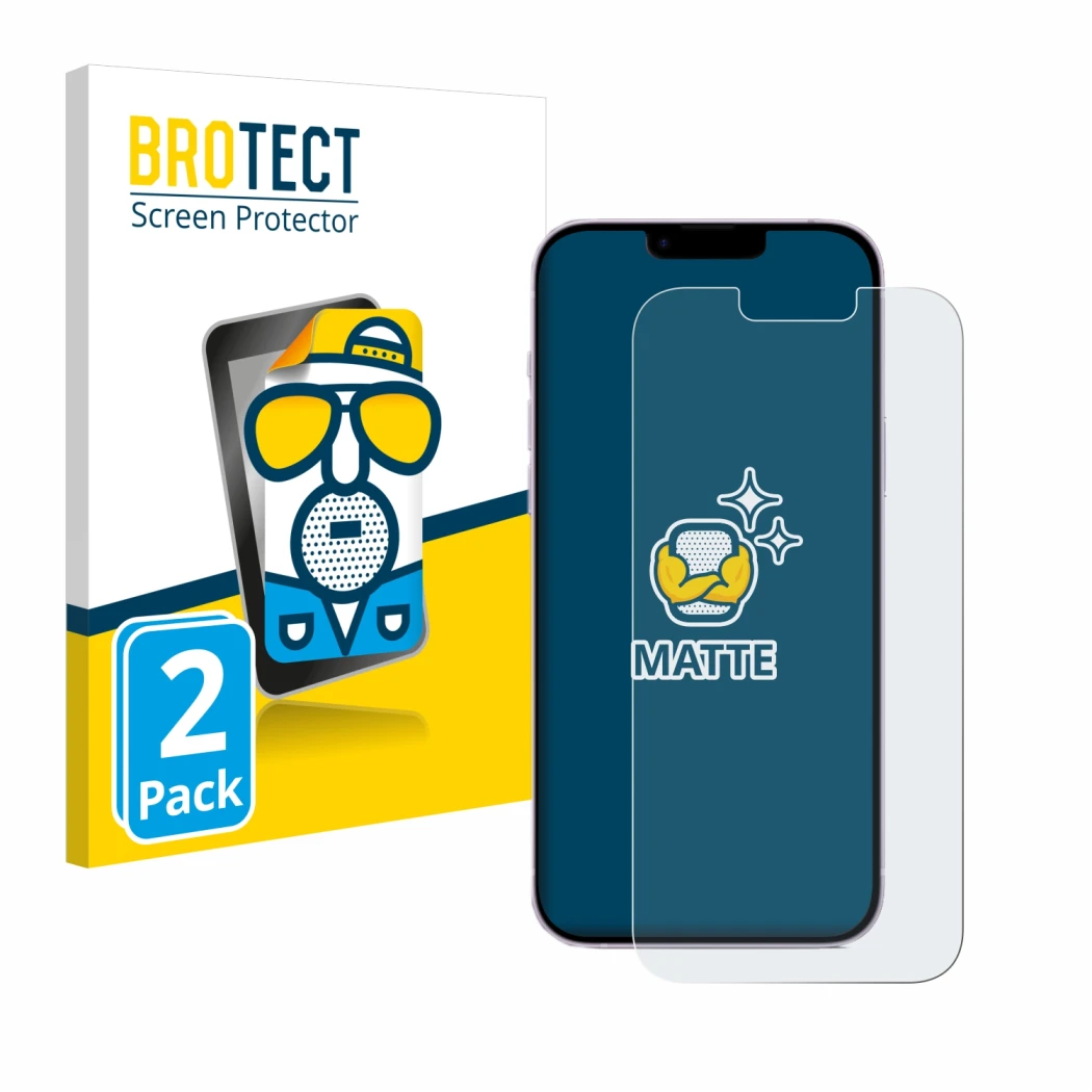 Parte frontal de un envase de producto con el logotipo de la marca BROTECT. Al lado se muestra el dispositivo Apple iPhone 14 