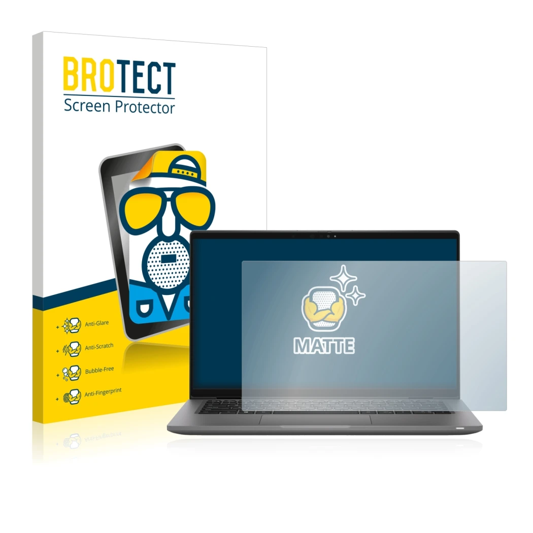 Parte frontal de un envase de producto con el logotipo de la marca BROTECT. Al lado se muestra el dispositivo Dell Latitude 14
