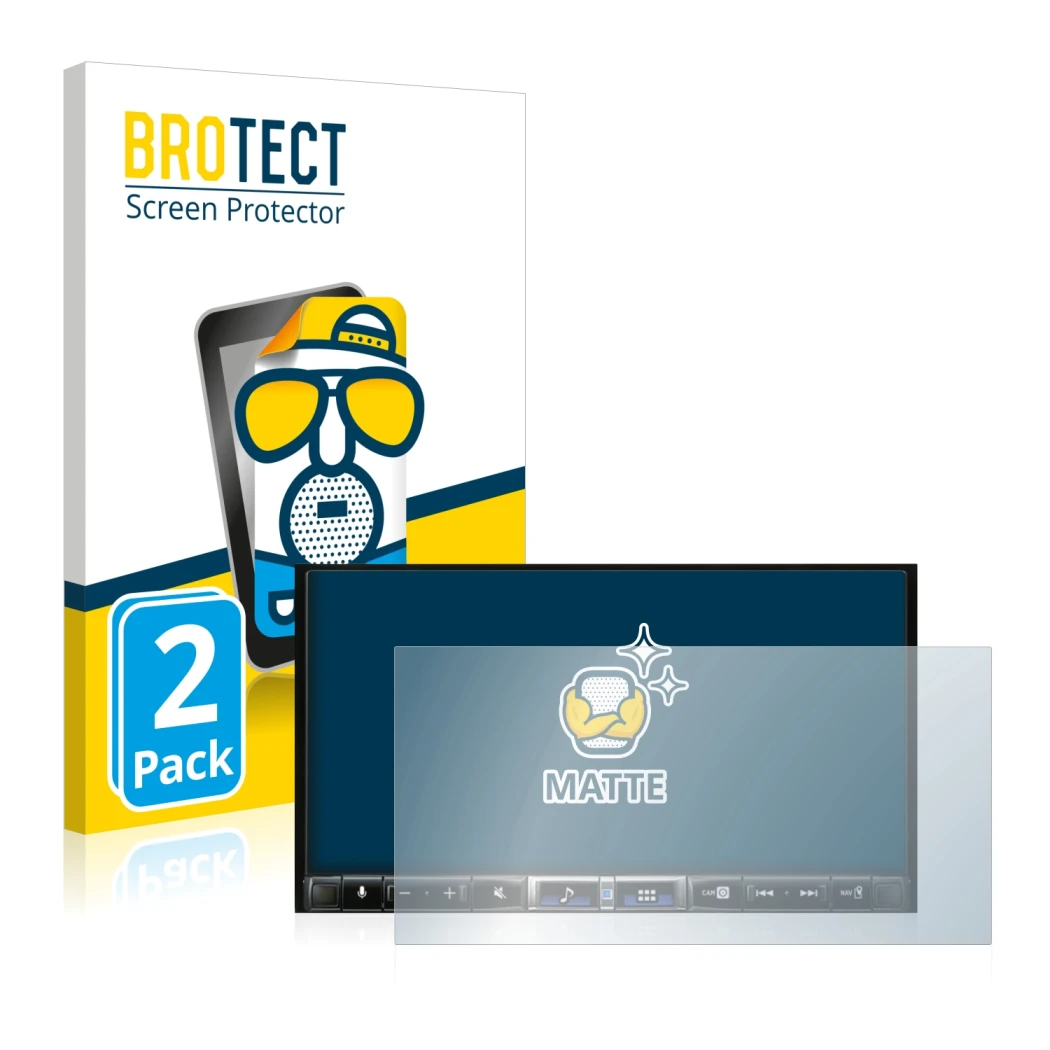 Parte frontal de un envase de producto con el logotipo de la marca BROTECT. Al lado se muestra el dispositivo Alpine iLX-705D
