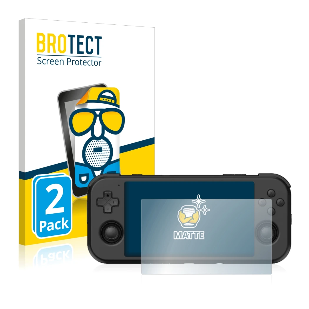 Parte frontal de un envase de producto con el logotipo de la marca BROTECT. Al lado se muestra el dispositivo Retroid Pocket 3