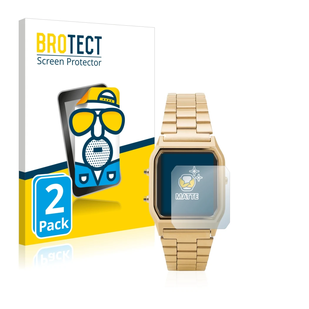 Parte frontal de un envase de producto con el logotipo de la marca BROTECT. Al lado se muestra el dispositivo Casio AQ-230GA c