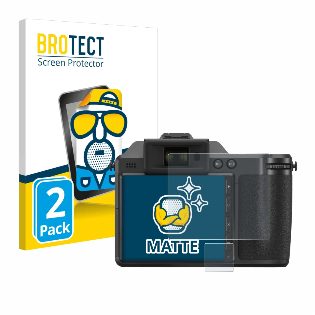 Parte frontal de un envase de producto con el logotipo de la marca BROTECT. Al lado se muestra el dispositivo Hasselblad X2D 1