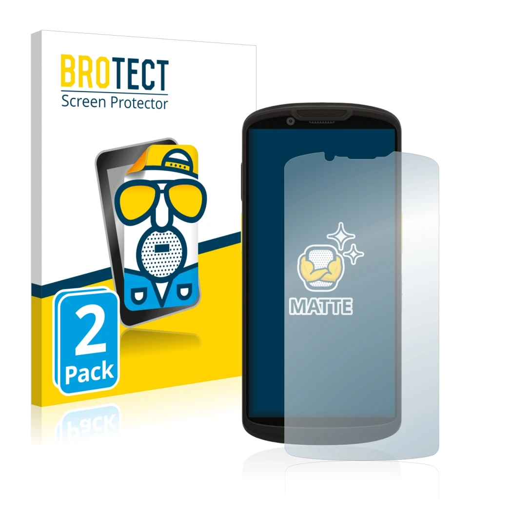 Parte frontal de un envase de producto con el logotipo de la marca BROTECT. Al lado se muestra el dispositivo Zebra TC58 con s