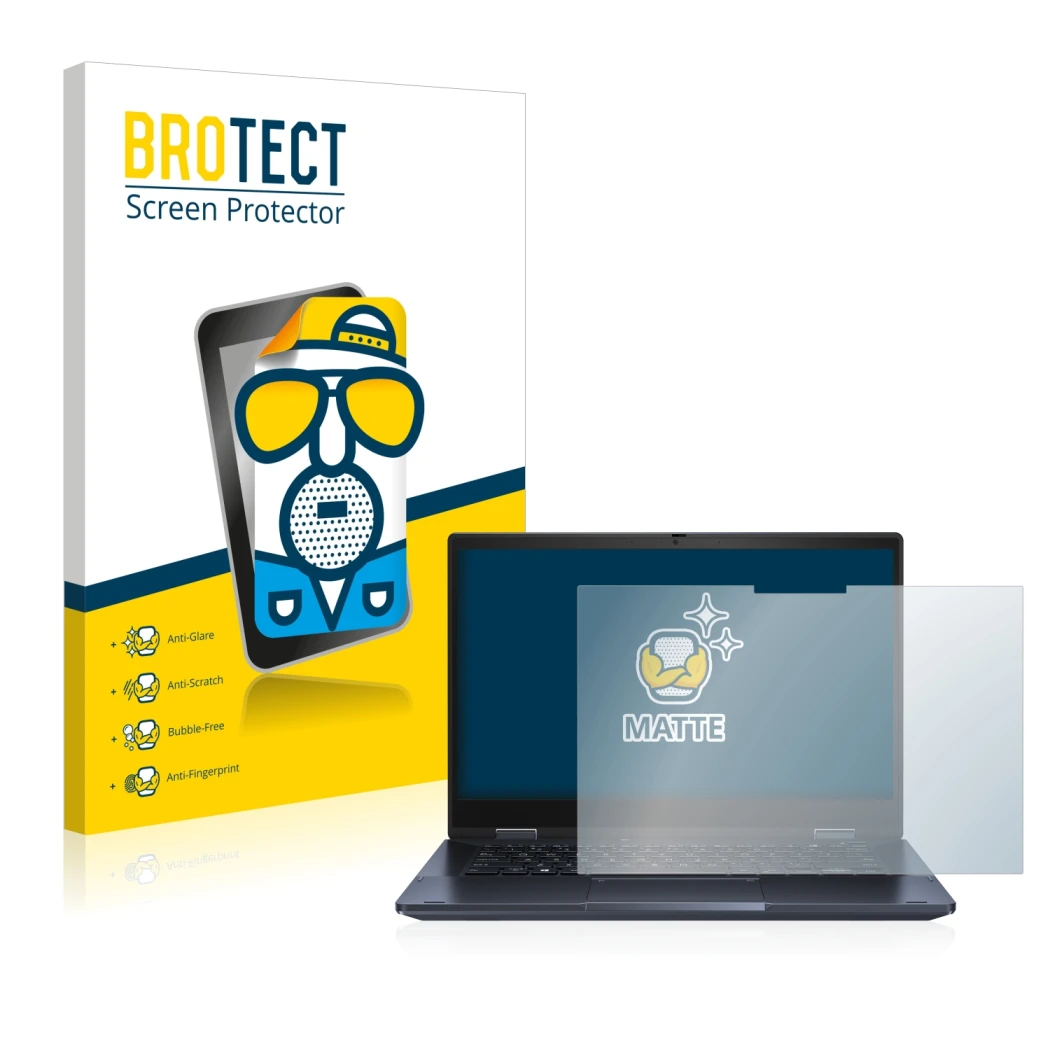 Parte frontal de un envase de producto con el logotipo de la marca BROTECT. Al lado se muestra el dispositivo ASUS ExpertBook 