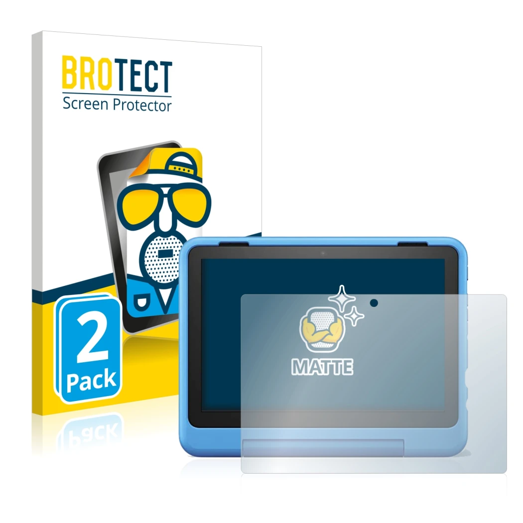 Parte frontal de un envase de producto con el logotipo de la marca BROTECT. Al lado se muestra el dispositivo Amazon Fire HD 8