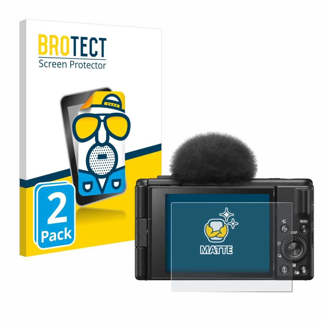 Parte frontal de un envase de producto con el logotipo de la marca BROTECT. Al lado se muestra el dispositivo Sony ZV-1F con s