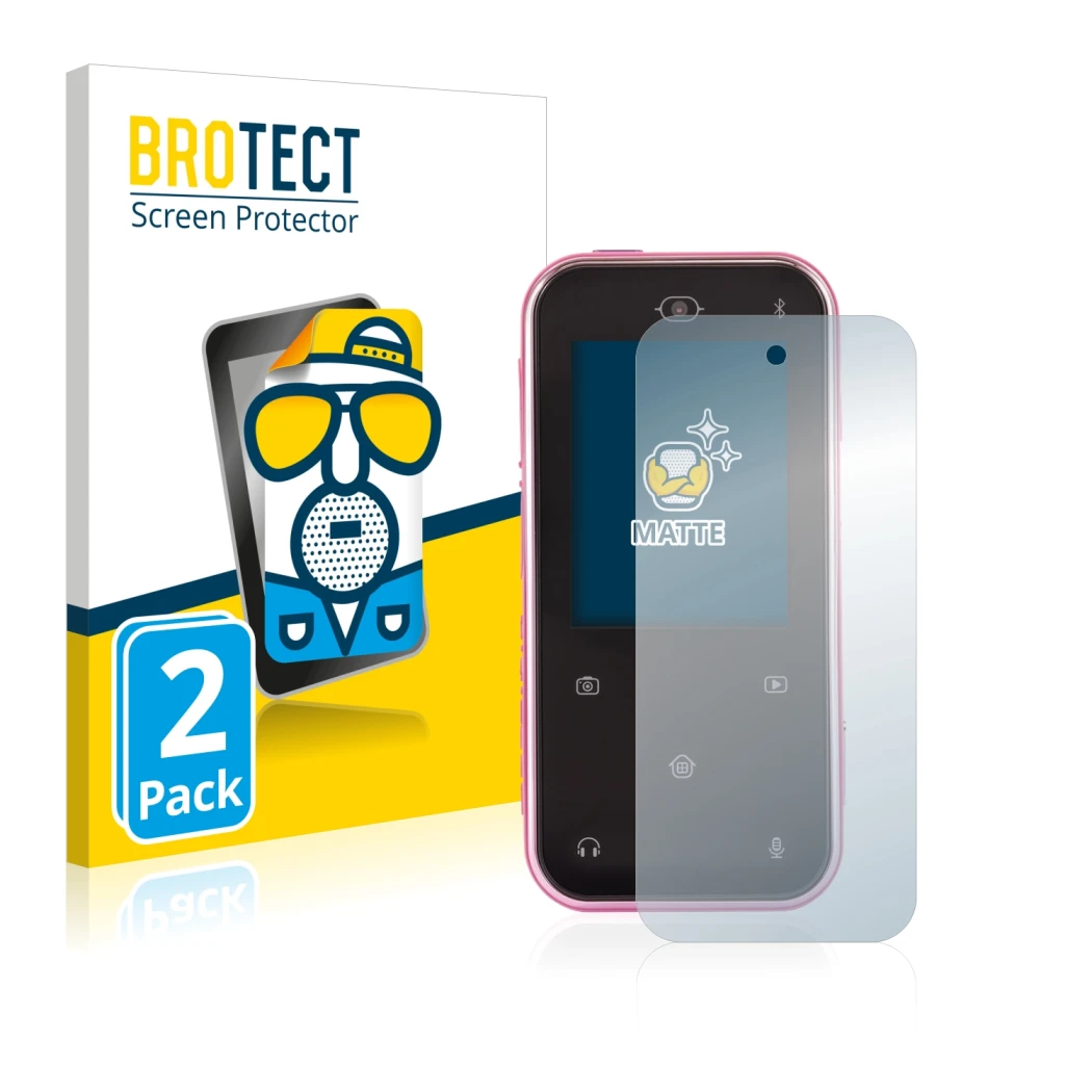 Parte frontal de un envase de producto con el logotipo de la marca BROTECT. Al lado se muestra el dispositivo Vtech Kidizoom S