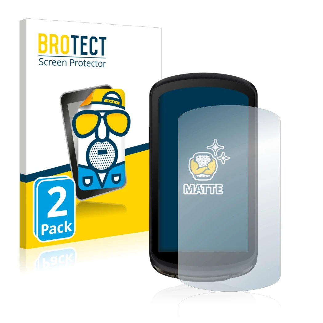 Parte frontal de un envase de producto con el logotipo de la marca BROTECT. Al lado se muestra el dispositivo Garmin Edge 1040