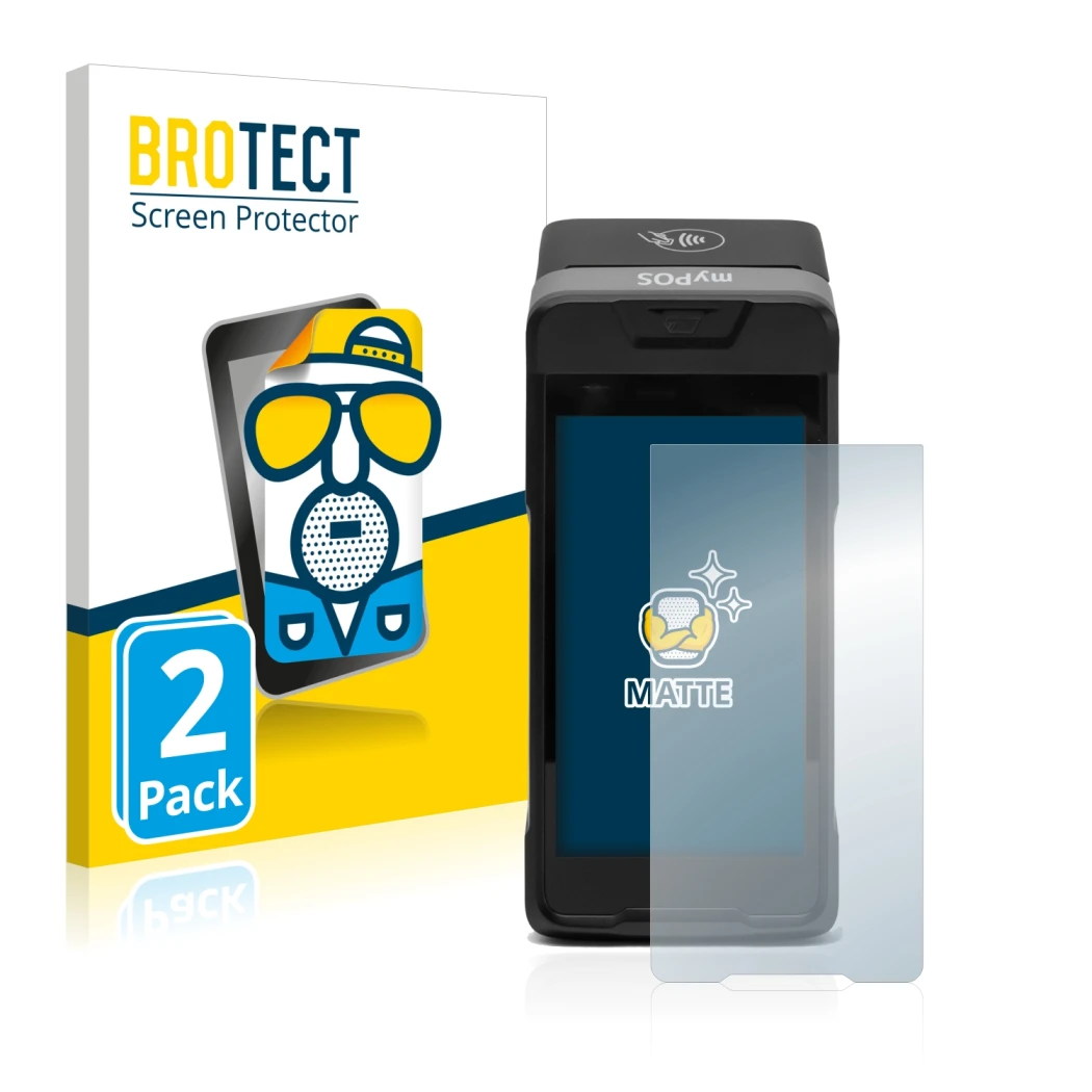 Parte frontal de un envase de producto con el logotipo de la marca BROTECT. Al lado se muestra el dispositivo myPOS Carbon con