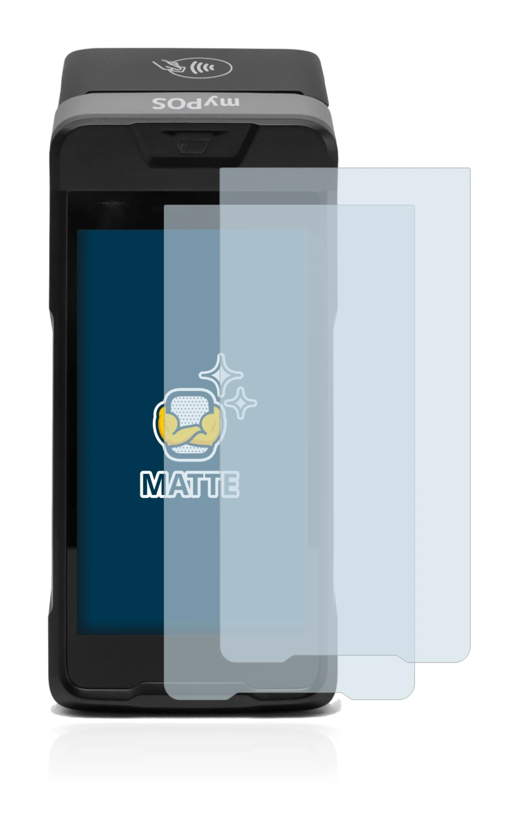 Imagen del dispositivo myPOS Carbon con una amplia variedad de protectores de pantalla.