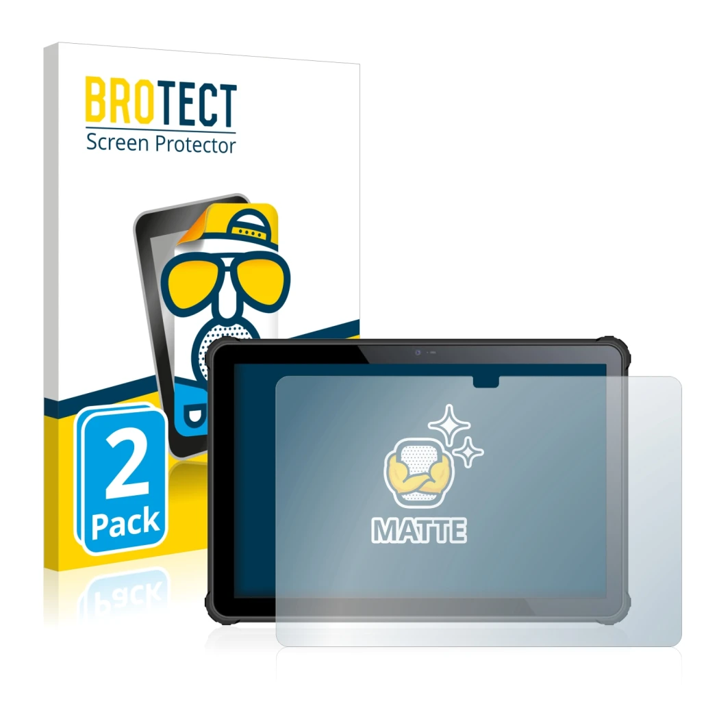 Parte frontal de un envase de producto con el logotipo de la marca BROTECT. Al lado se muestra el dispositivo Oukitel RT2 con 