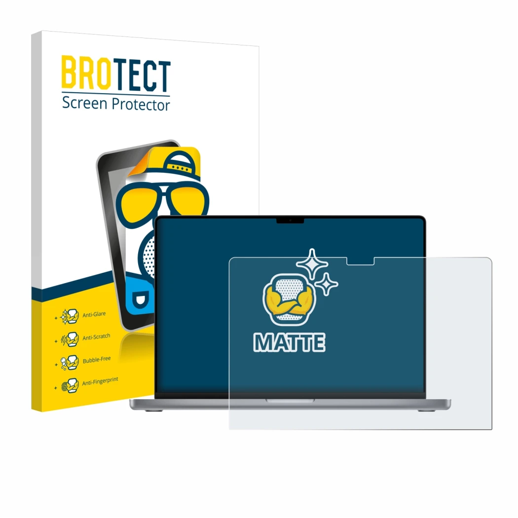 Parte frontal de un envase de producto con el logotipo de la marca BROTECT. Al lado se muestra el dispositivo Apple MacBook Pr