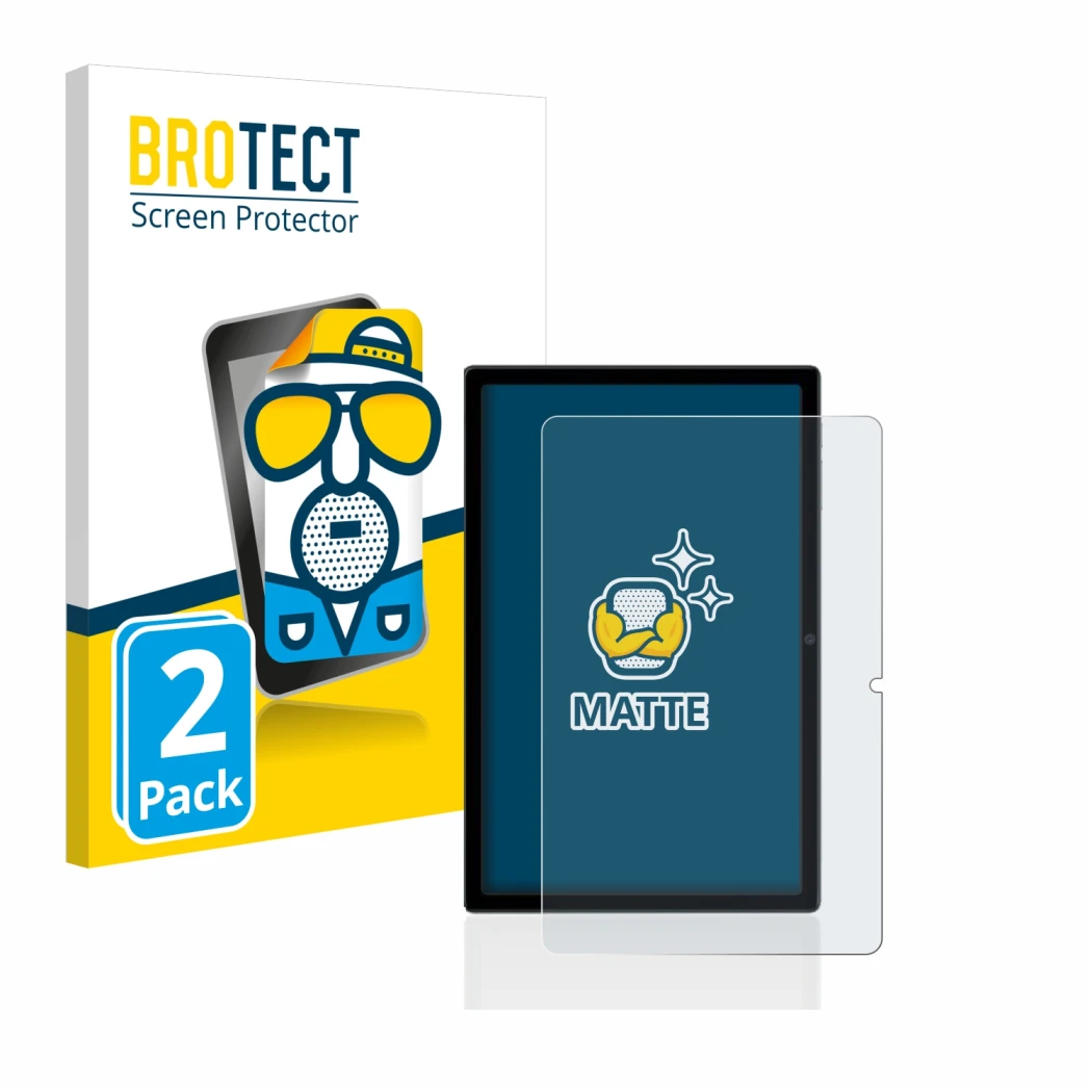 Parte frontal de un envase de producto con el logotipo de la marca BROTECT. Al lado se muestra el dispositivo Blackview Tab 16