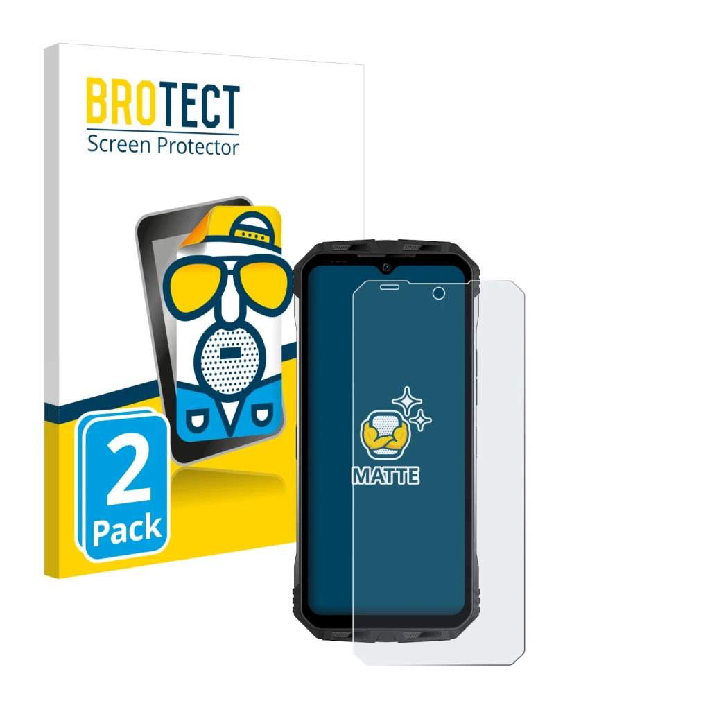 Parte frontal de un envase de producto con el logotipo de la marca BROTECT. Al lado se muestra el dispositivo Doogee S100 con