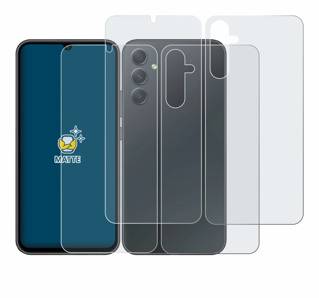 Imagen del dispositivo Samsung Galaxy A34 5G (Frontal+Trasero) con una amplia variedad de protectores de pantalla.