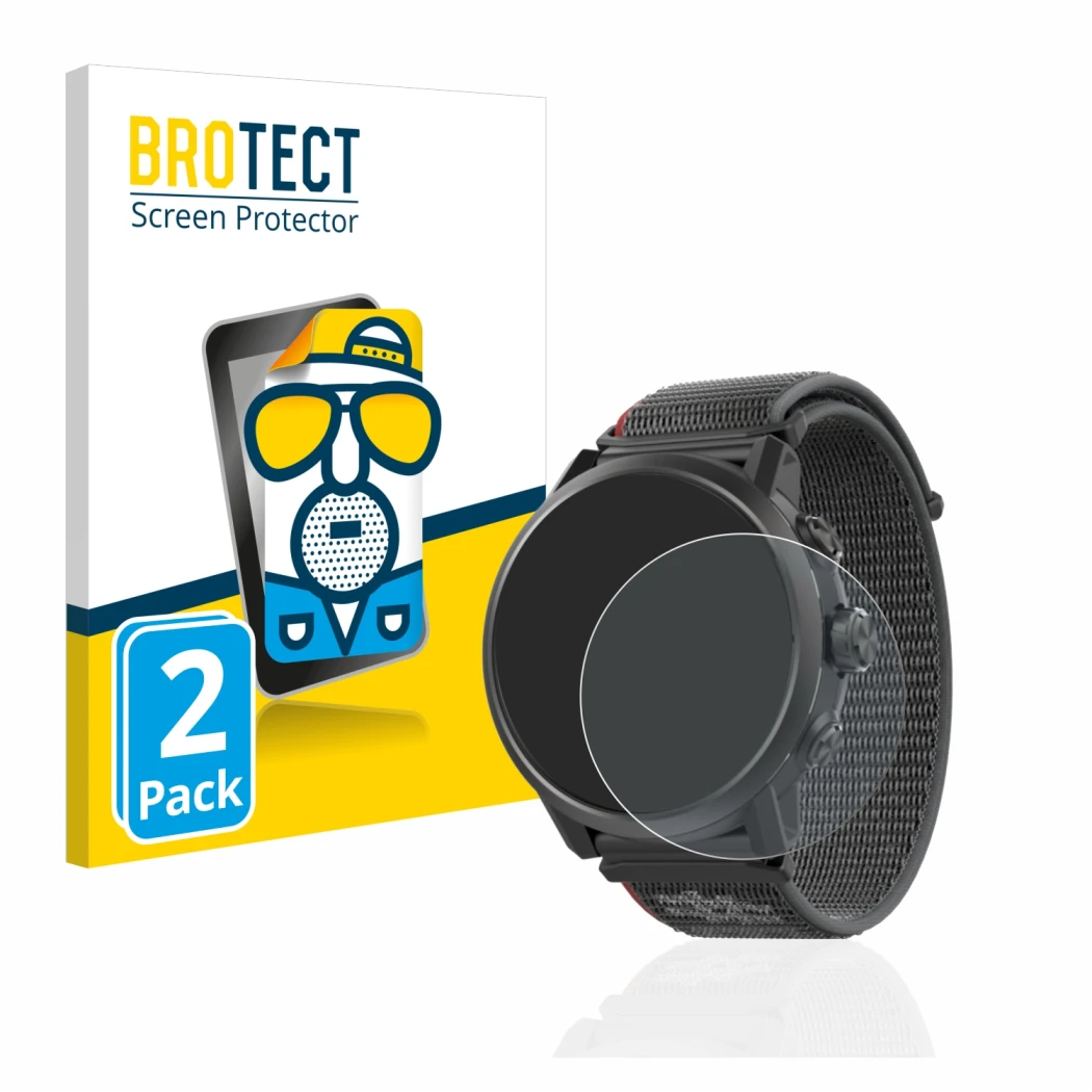 Parte frontal de un envase de producto con el logotipo de la marca BROTECT. Al lado se muestra el dispositivo Coros Apex 2 con