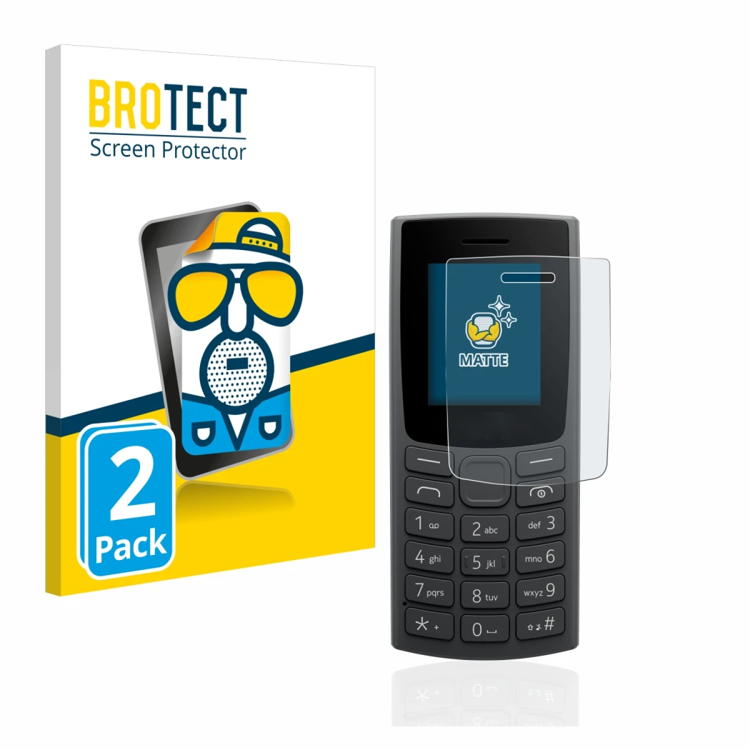 Parte frontal de un envase de producto con el logotipo de la marca BROTECT. Al lado se muestra el dispositivo Nokia 110 (2023)