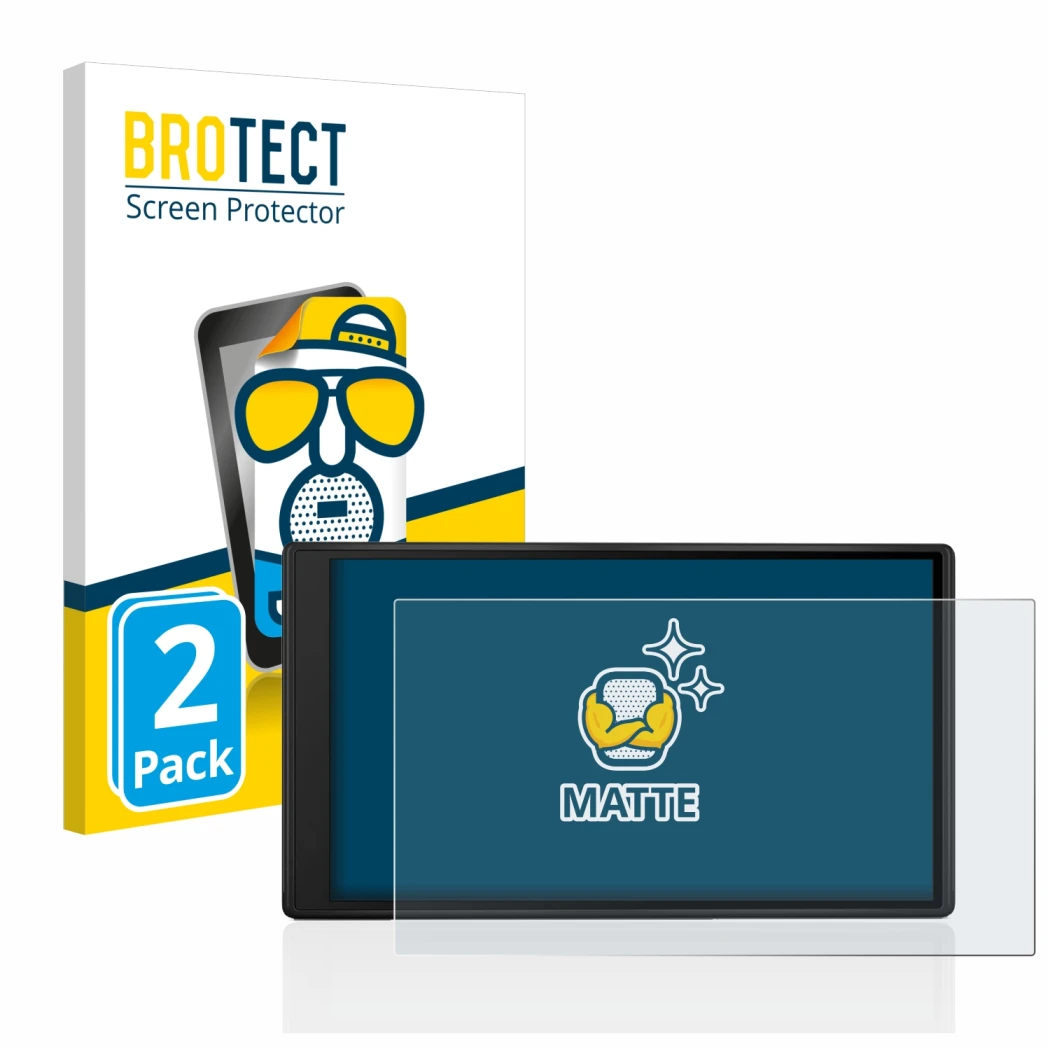 Parte frontal de un envase de producto con el logotipo de la marca BROTECT. Al lado se muestra el dispositivo Garmin Drive 55