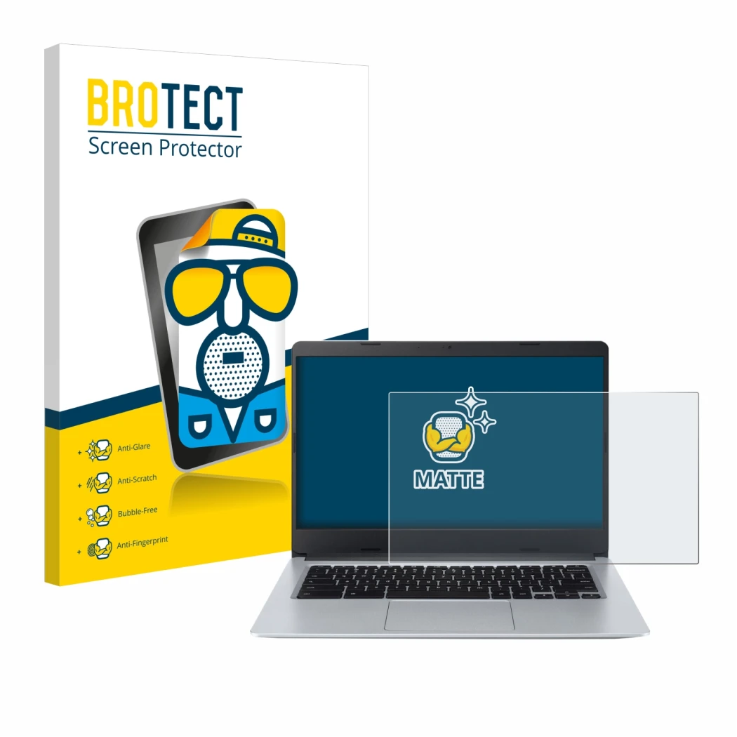 Parte frontal de un envase de producto con el logotipo de la marca BROTECT. Al lado se muestra el dispositivo Acer Chromebook 
