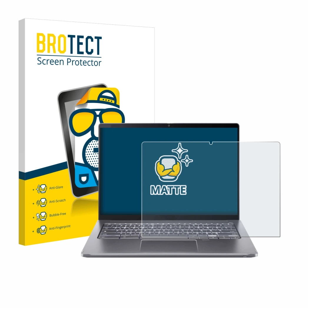 Parte frontal de un envase de producto con el logotipo de la marca BROTECT. Al lado se muestra el dispositivo Acer Chromebook