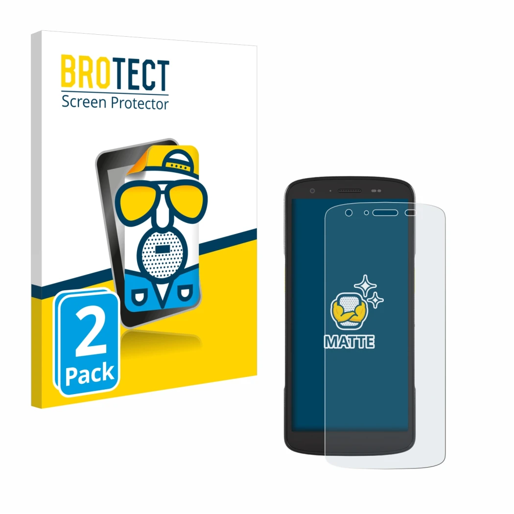 Parte frontal de un envase de producto con el logotipo de la marca BROTECT. Al lado se muestra el dispositivo Zebra TC22 con s