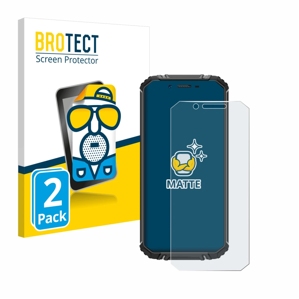 Parte frontal de un envase de producto con el logotipo de la marca BROTECT. Al lado se muestra el dispositivo Oukitel WP18 con
