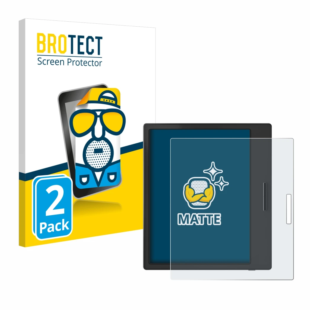 Parte frontal de un envase de producto con el logotipo de la marca BROTECT. Al lado se muestra el dispositivo Boox Page con su