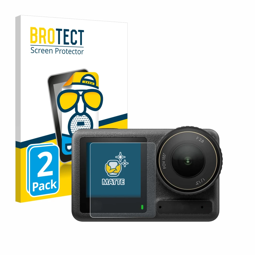 Parte frontal de un envase de producto con el logotipo de la marca BROTECT. Al lado se muestra el dispositivo DJI Osmo Action
