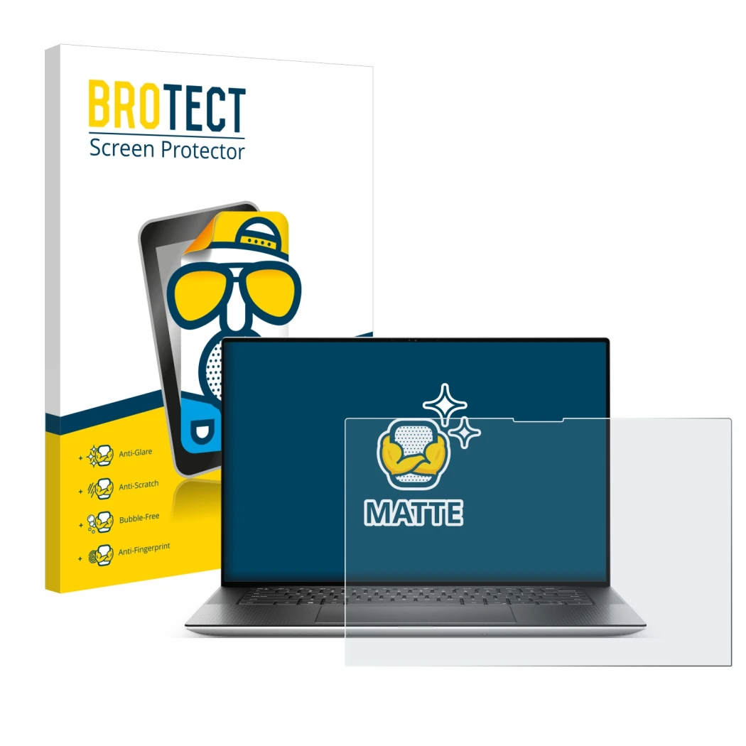 Parte frontal de un envase de producto con el logotipo de la marca BROTECT. Al lado se muestra el dispositivo Dell XPS 15 9530