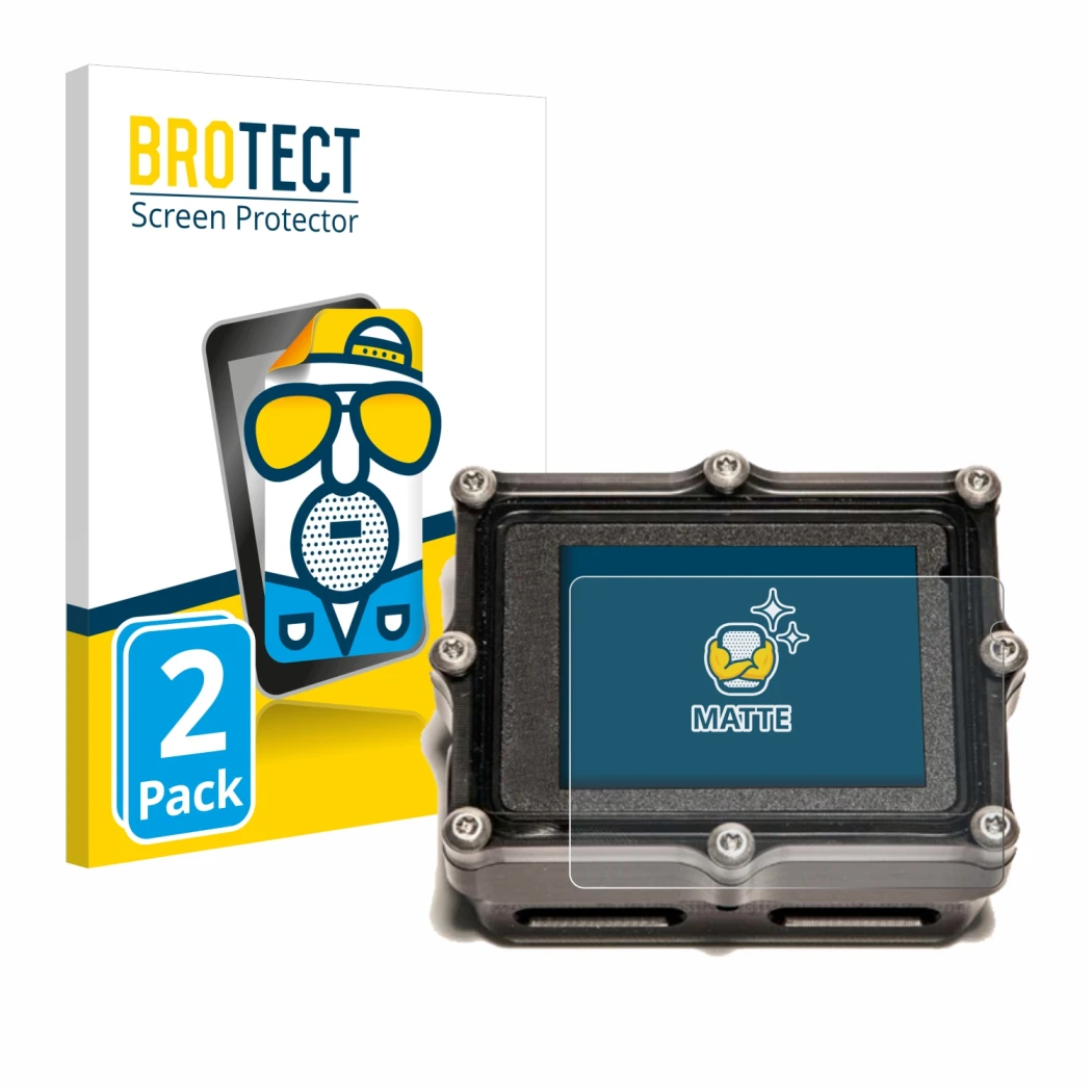 Parte frontal de un envase de producto con el logotipo de la marca BROTECT. Al lado se muestra el dispositivo Shearwater Petre