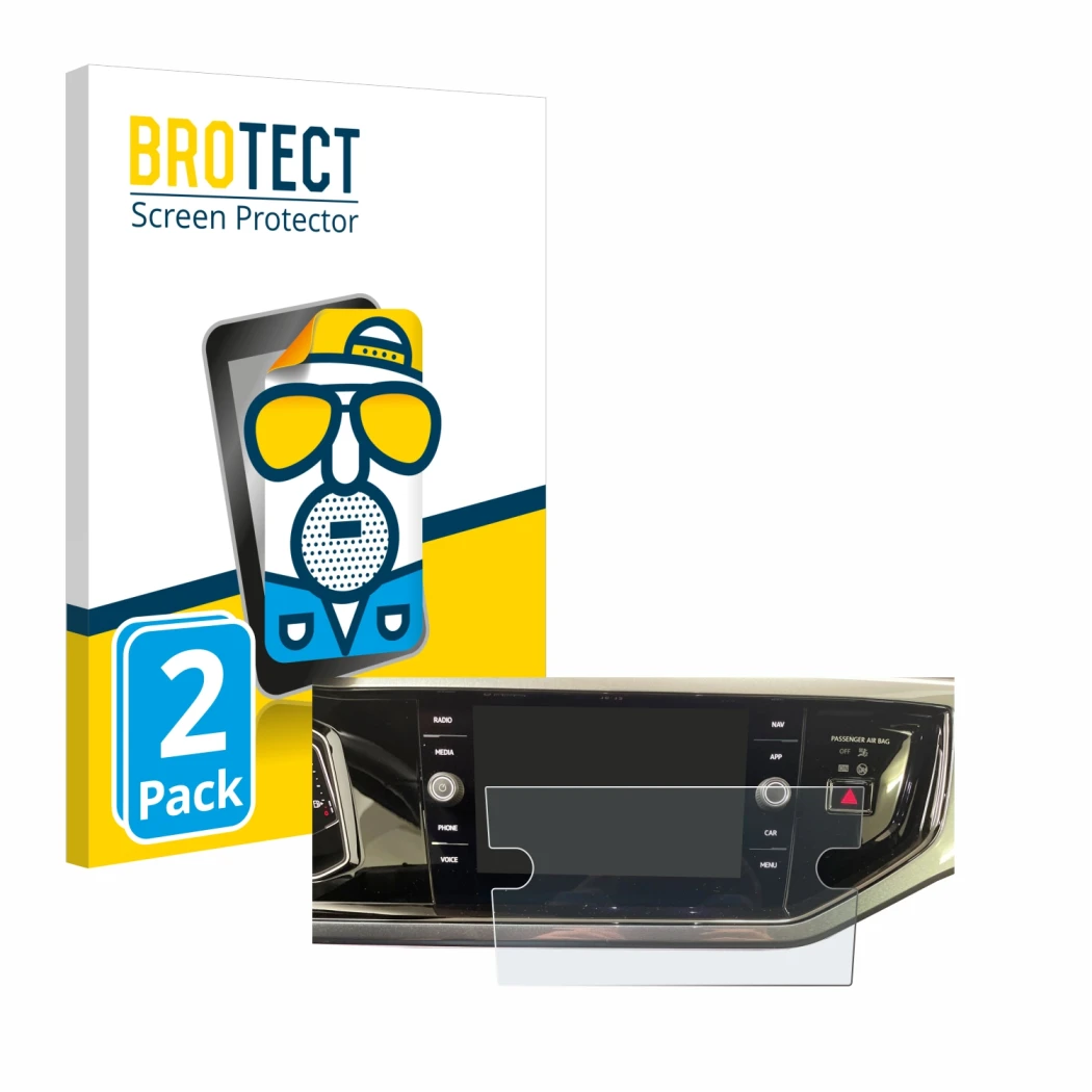 Parte frontal de un envase de producto con el logotipo de la marca BROTECT. Al lado se muestra el dispositivo Volkswagen Polo 